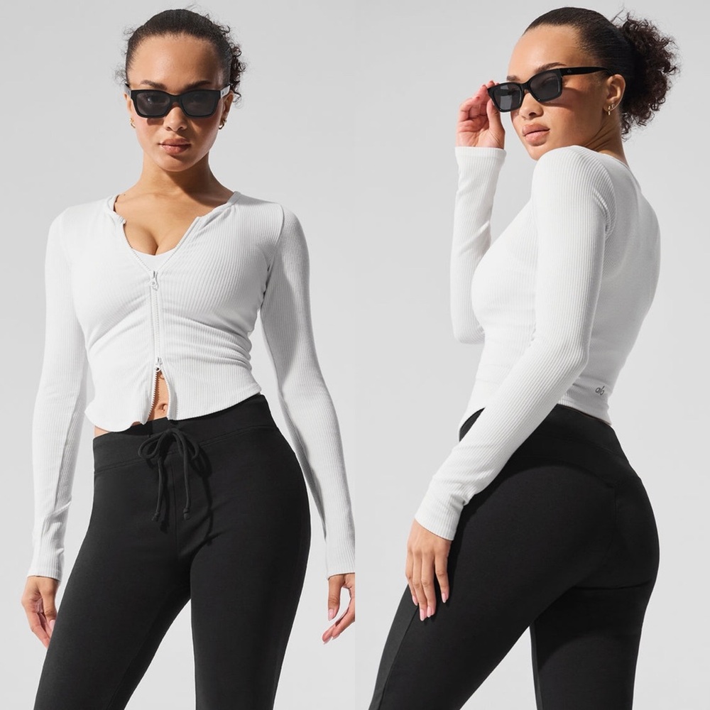 Alo Ribbed Stardust Long Sleeve White Zippered Top Women’s Size M